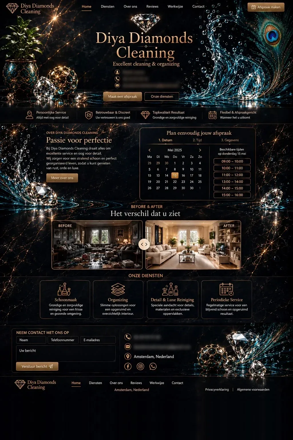 Websiteontwerp voor Diya Diamonds: een donkere homepage met diamanten, water en een pauwenveer