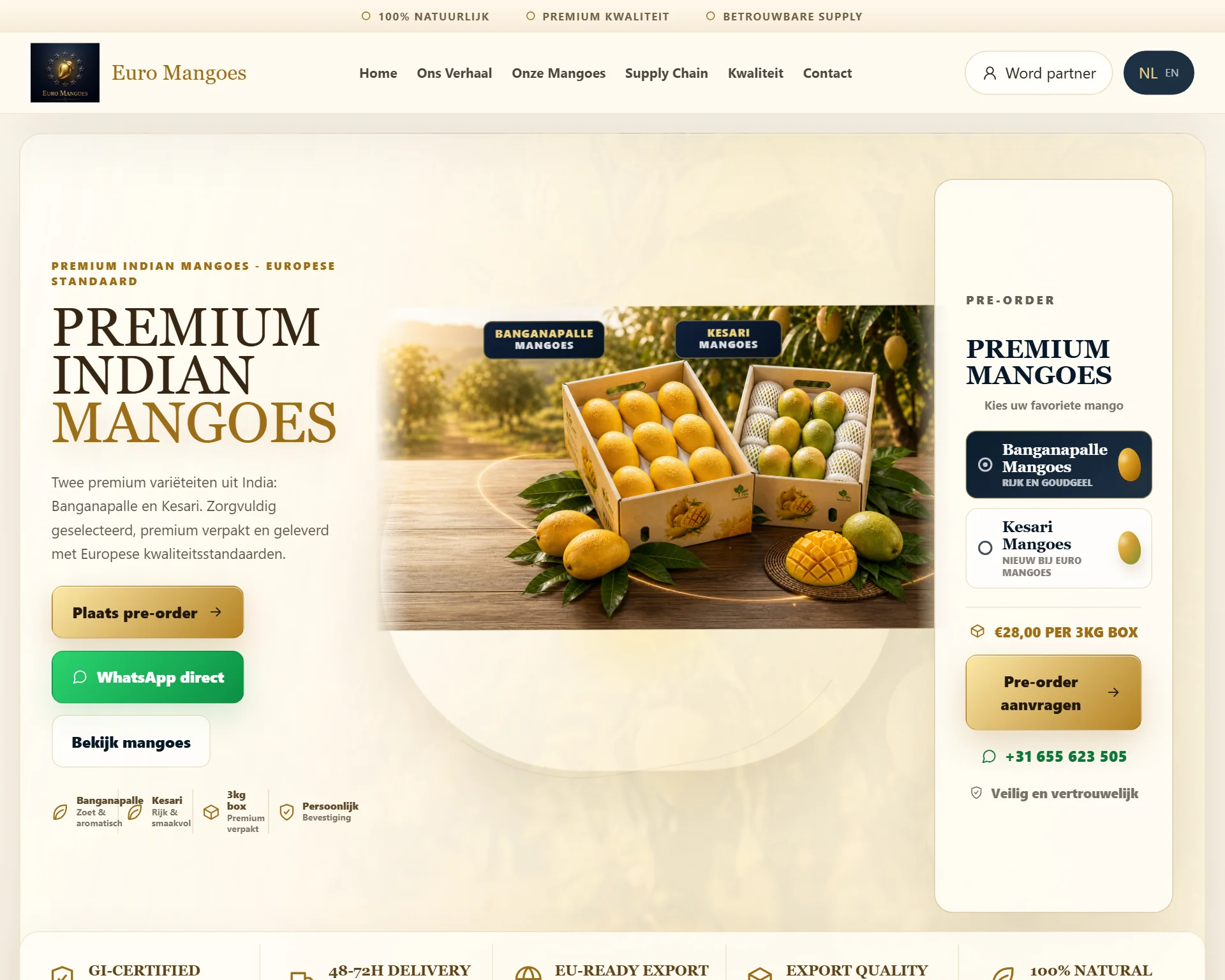 De homepage van de live website van Euro Mangoes: Premium Indian Mangoes, twee dozen mango’s en een pre-orderkaart