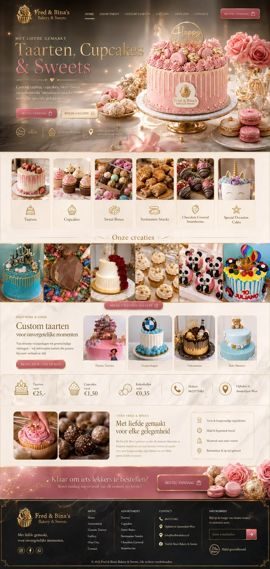 Websiteontwerp voor Fred & Bina’s: een warme homepage met een roze taart, macarons en rozen